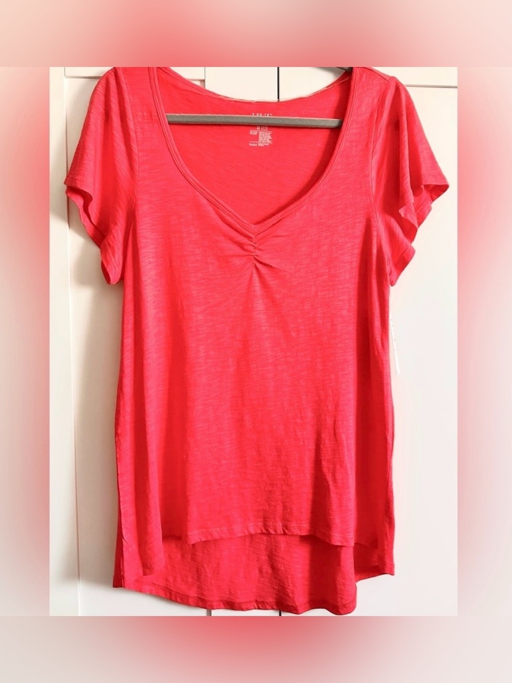 HUE Coral Pink V-Neck Short Sleeve Tee Shirt Sleep Top Sz MED NEW!